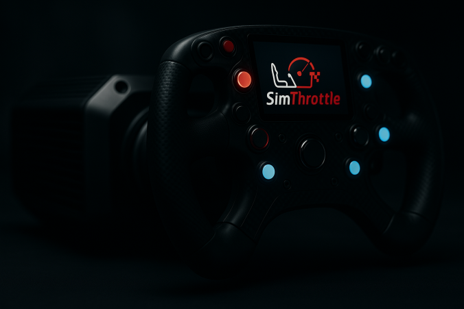 SimThrottle logo displayed on a Formula 1 style sim racing steering wheel with illuminated buttons and carbon fiber finish